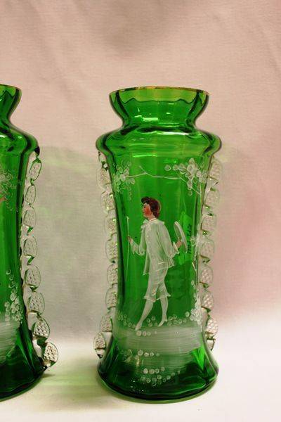 Pair Of Victorian Green Glass Mary Gregory Glass Vases Xxxx Antique Complex 0444