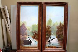 Framed Pair of 1920's Signed Oil Paintings, River Swans. #