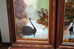 Framed Pair of 1920and39s Signed Oil Paintings River Swans 