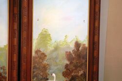 Framed Pair of 1920and39s Signed Oil Paintings River Swans 