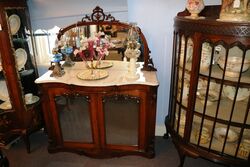 Antique Victorian Small Walnut Marble Top Mirror Back Credenza.#