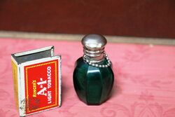 Antique Small Green Glass Scent Bottle, Plated Top. #