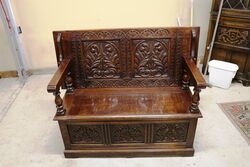 Large Early C20th English Carved Monks Bench 