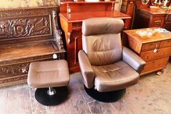 Retro Brown Leather Arm Chair with Matching Stool 