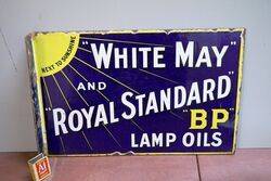 Vintage BP White May Lamp Oils Double Sided Enamel Sign 