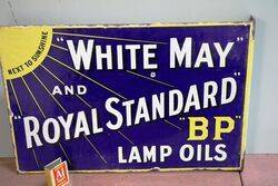 Vintage BP White May Lamp Oils Double Sided Enamel Sign 